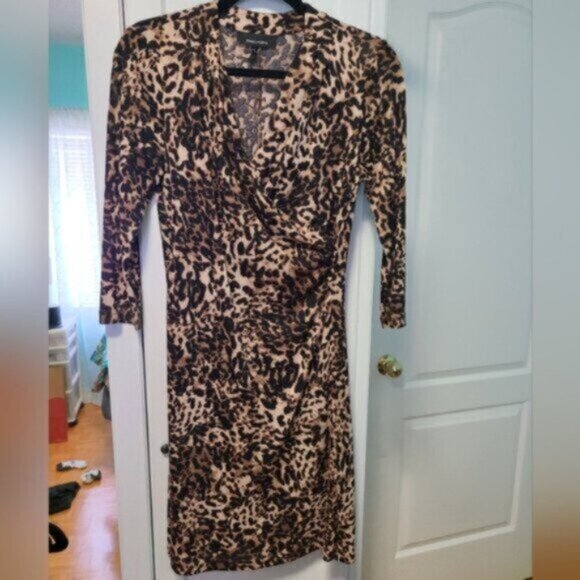 Jones Studio Leopard Animal Print Cheetah 3/4 Sleeve Midi Wrap Dress Size Small - Picture 10 of 10
